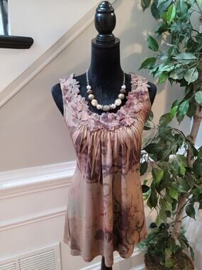 Espresso Tank Top Women's Size XL Brown Floral Sleeveless Ruffle Scoop Neck